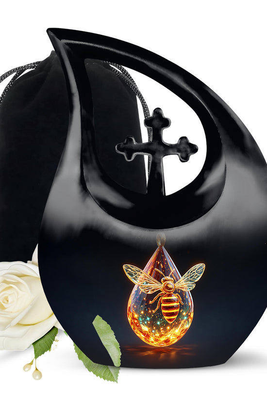 Deep Black Bee Cremation Urn top-down view of secure threaded lid - sacred cross merged with bee motif on metal - full-size 10 inch 200 cubic inch adult cremation urn