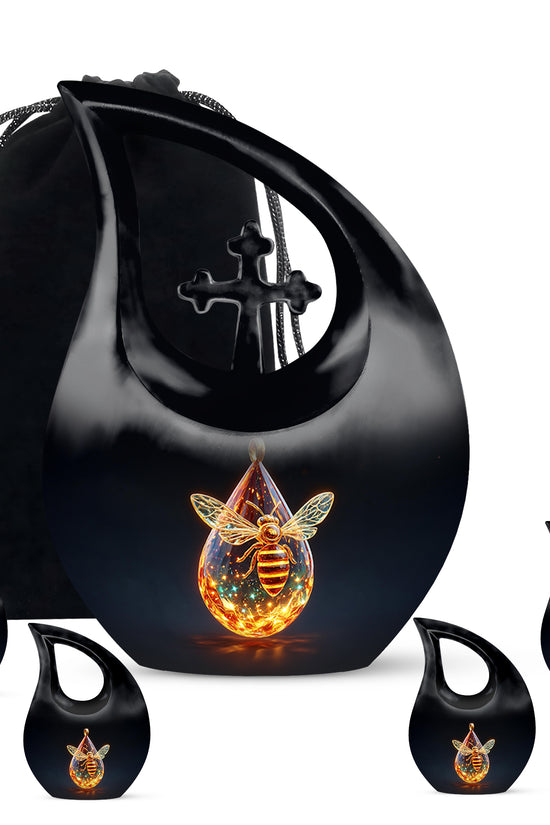Ebony Bee Cremation Urn urn with complimentary velvet bag - sacred cross merged with bee motif on metal - memorial set with one large and four small urns