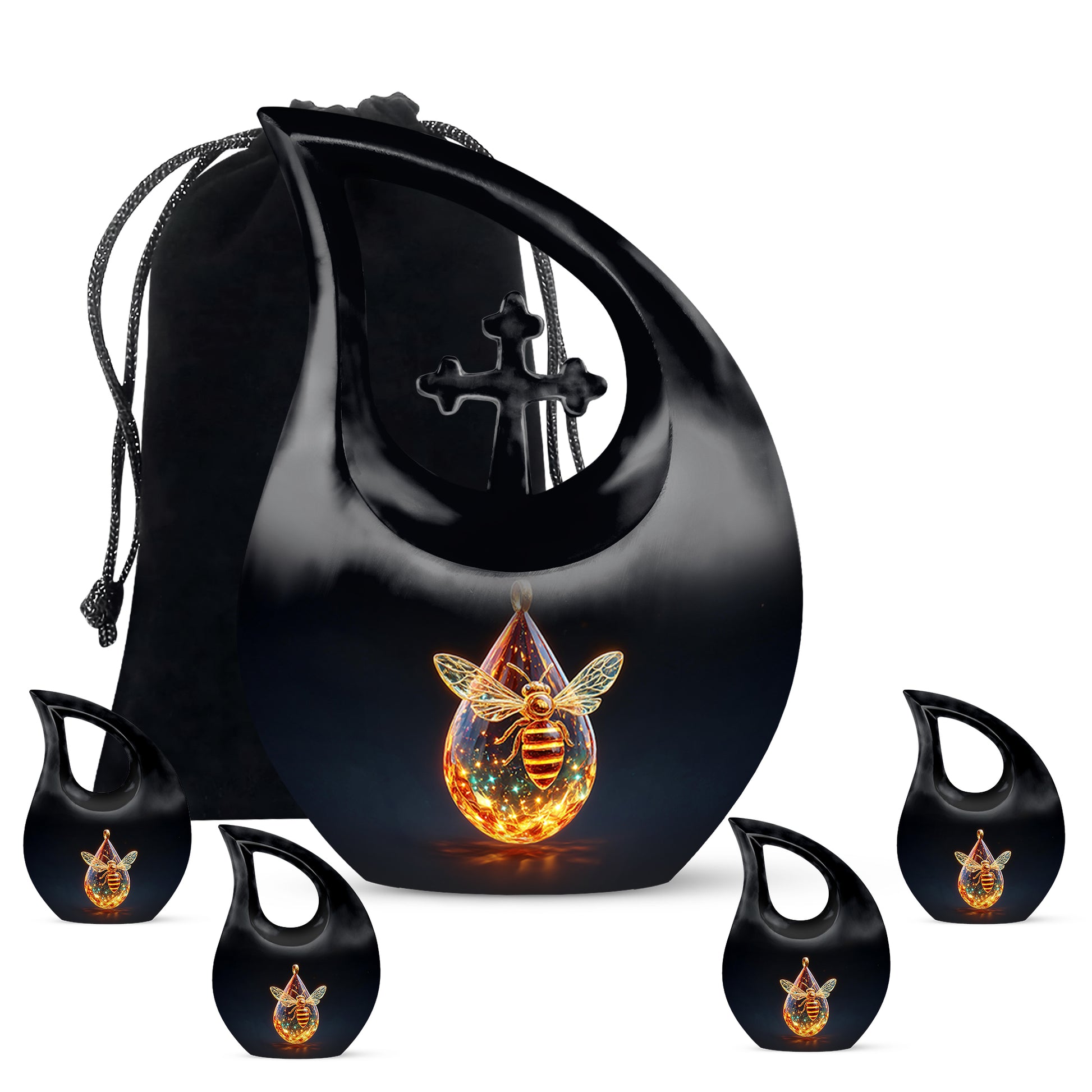 Ebony Bee Cremation Urn urn with complimentary velvet bag - sacred cross merged with bee motif on metal - memorial set with one large and four small urns
