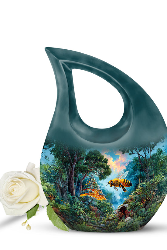 Teal Breathtaking Bee Memorial Urn for Ashes - 10-inch, 200 cu in - Karyliz