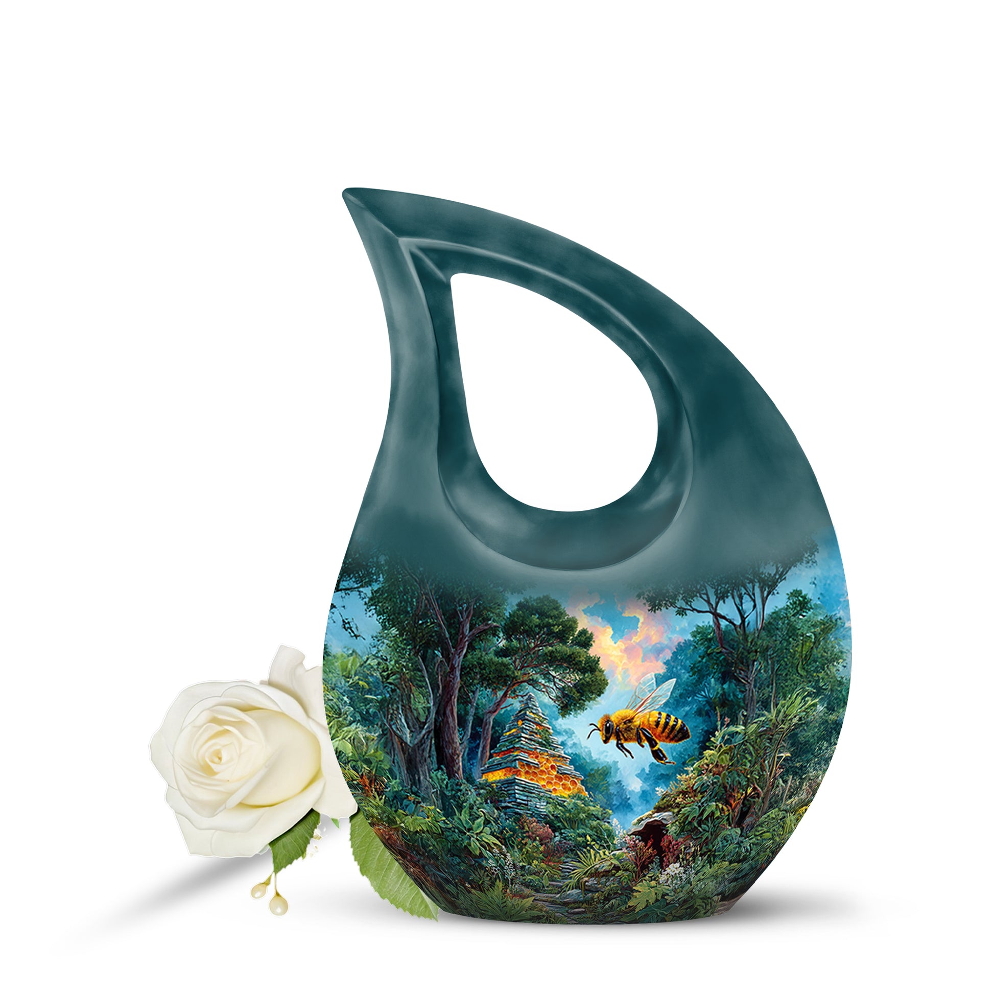 Teal Breathtaking Bee Memorial Urn for Ashes - 10-inch, 200 cu in - Karyliz