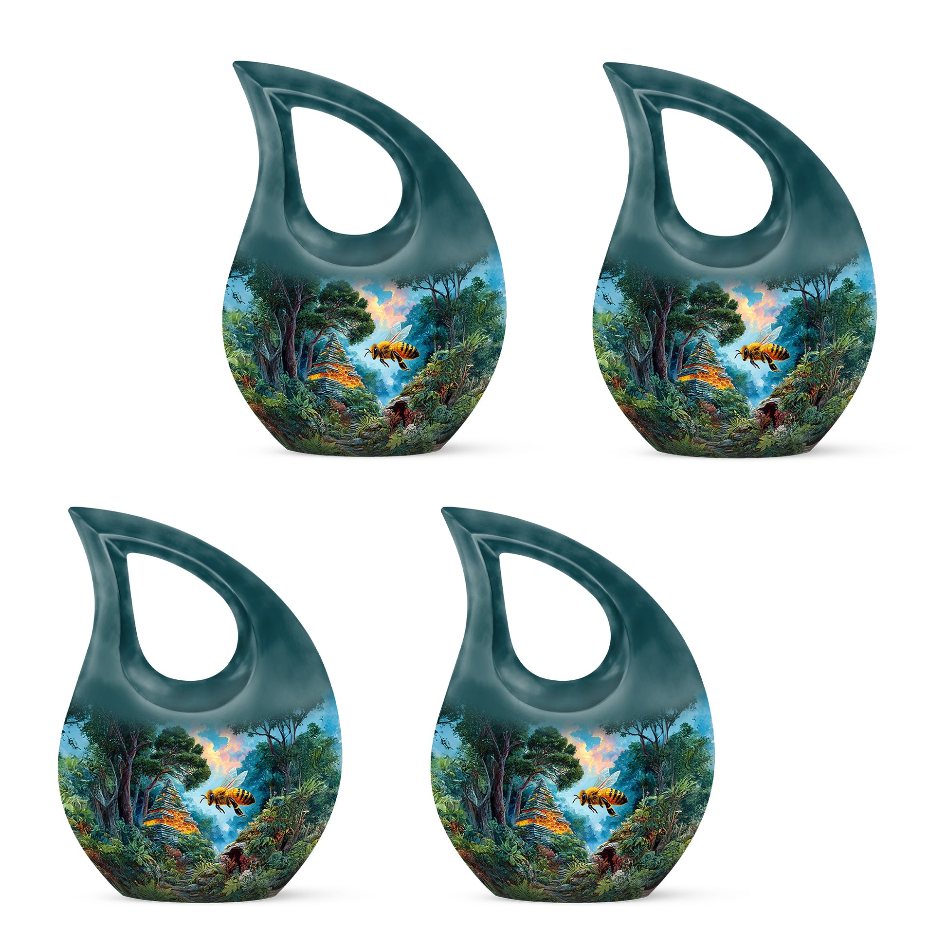 Sea Green Teal Bee Cremation Urn lifestyle display on memorial shelf - cross and bee combined in spiritual memorial design - 10 inch aluminum urn for cremated remains