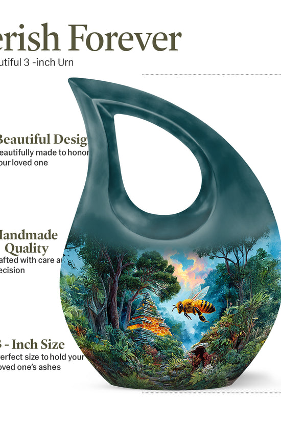 Sea Green Teal Bee Cremation Urn back view with polished surface - sacred cross merged with bee motif on metal - mini keepsake memorial for portion of cremation ashes
