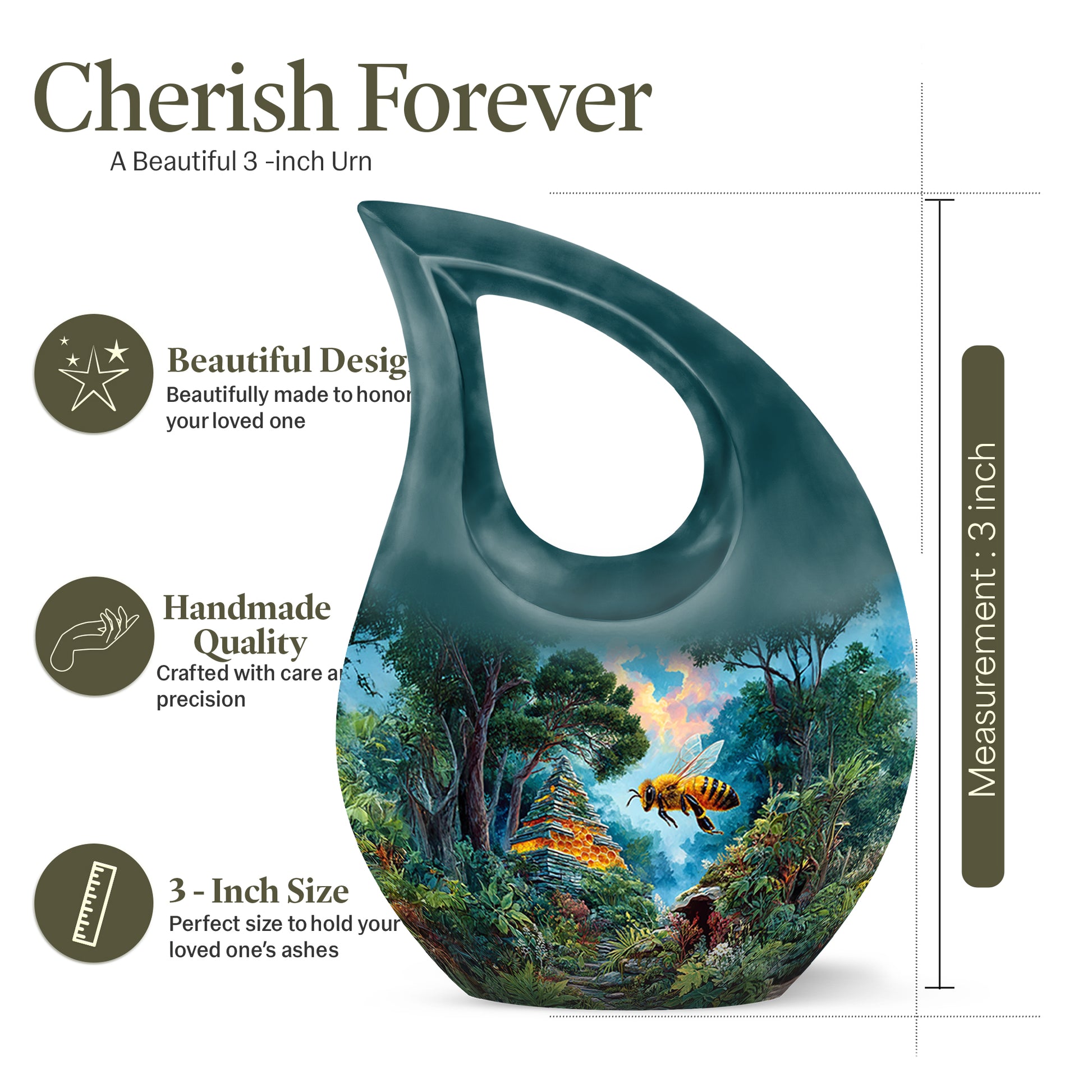 Sea Green Teal Bee Cremation Urn back view with polished surface - sacred cross merged with bee motif on metal - mini keepsake memorial for portion of cremation ashes