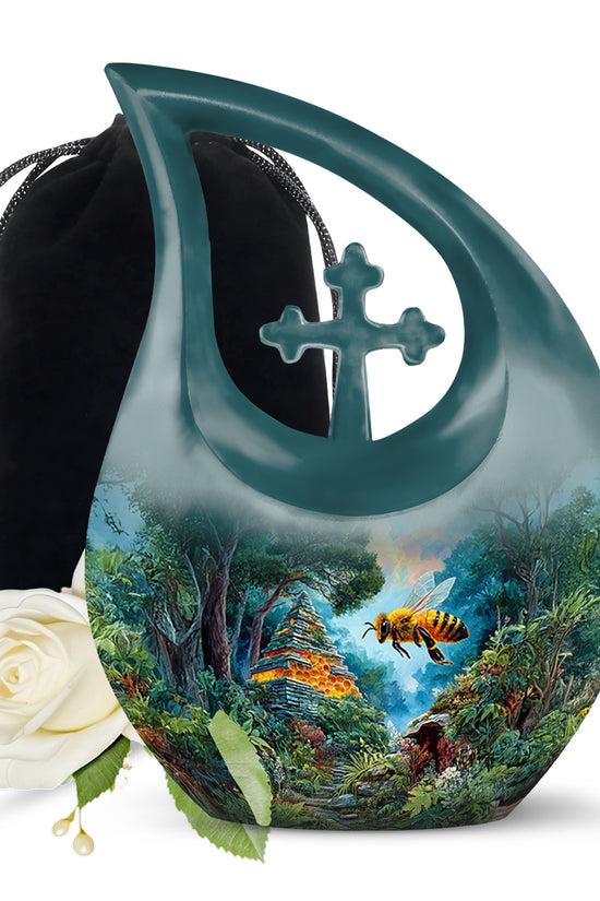 Deep Teal Bee Cremation Urn top-down view of secure threaded lid - faith-inspired cross-drop urn with bee pattern - full-size 10 inch 200 cubic inch adult cremation urn