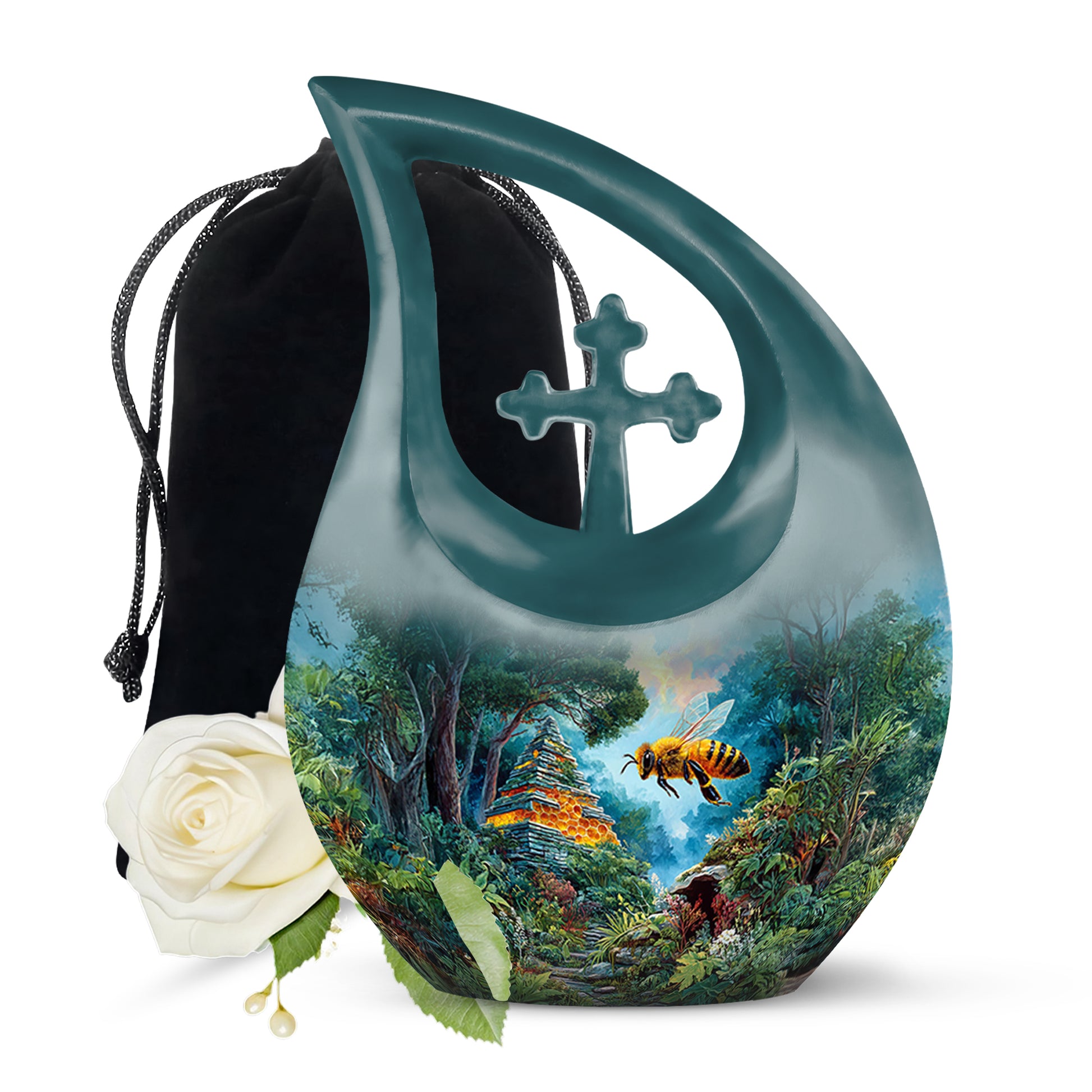 Deep Teal Bee Cremation Urn top-down view of secure threaded lid - faith-inspired cross-drop urn with bee pattern - full-size 10 inch 200 cubic inch adult cremation urn