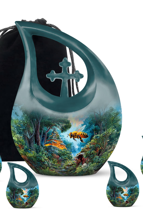 Ocean Teal Bee Cremation Urn urn with complimentary velvet bag - cross and bee combined in spiritual memorial design - memorial set with one large and four small urns