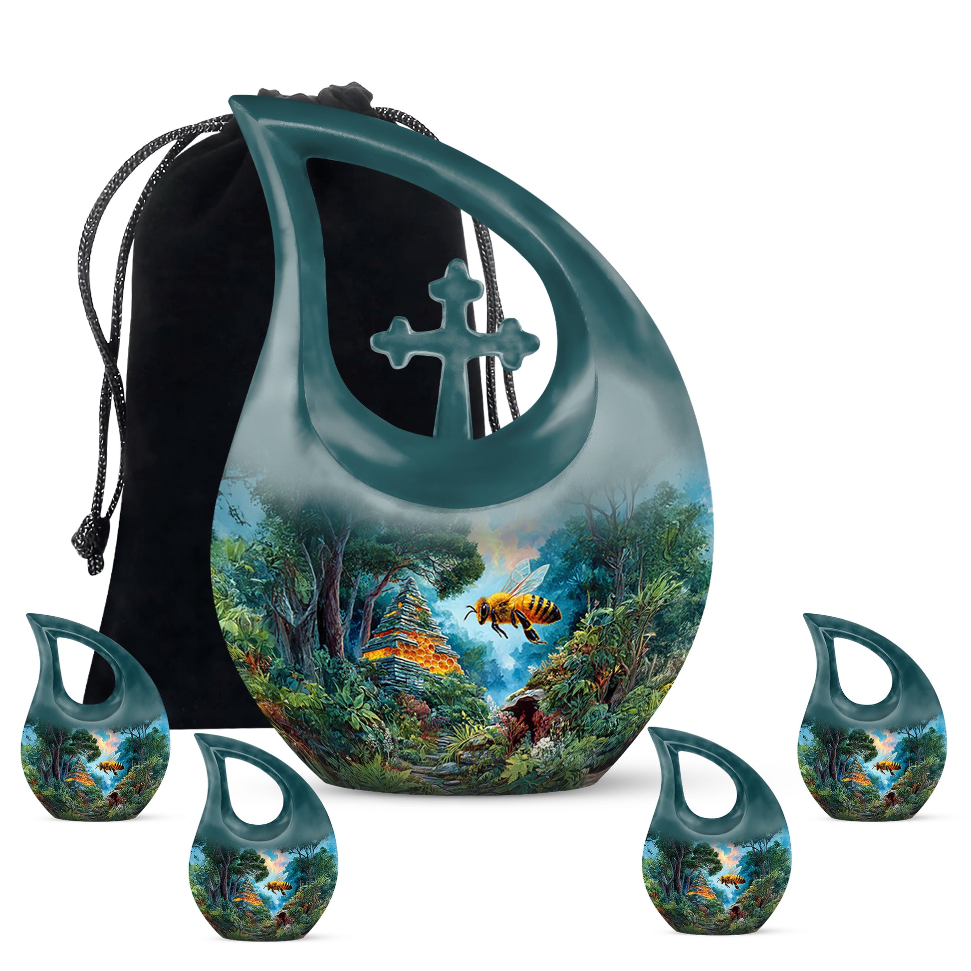 Ocean Teal Bee Cremation Urn urn with complimentary velvet bag - cross and bee combined in spiritual memorial design - memorial set with one large and four small urns