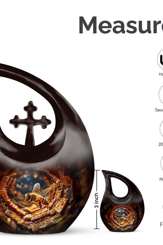 Wine Red Bee Cremation Urn back view with polished surface - sacred cross merged with bee motif on metal - mini keepsake memorial for portion of cremation ashes