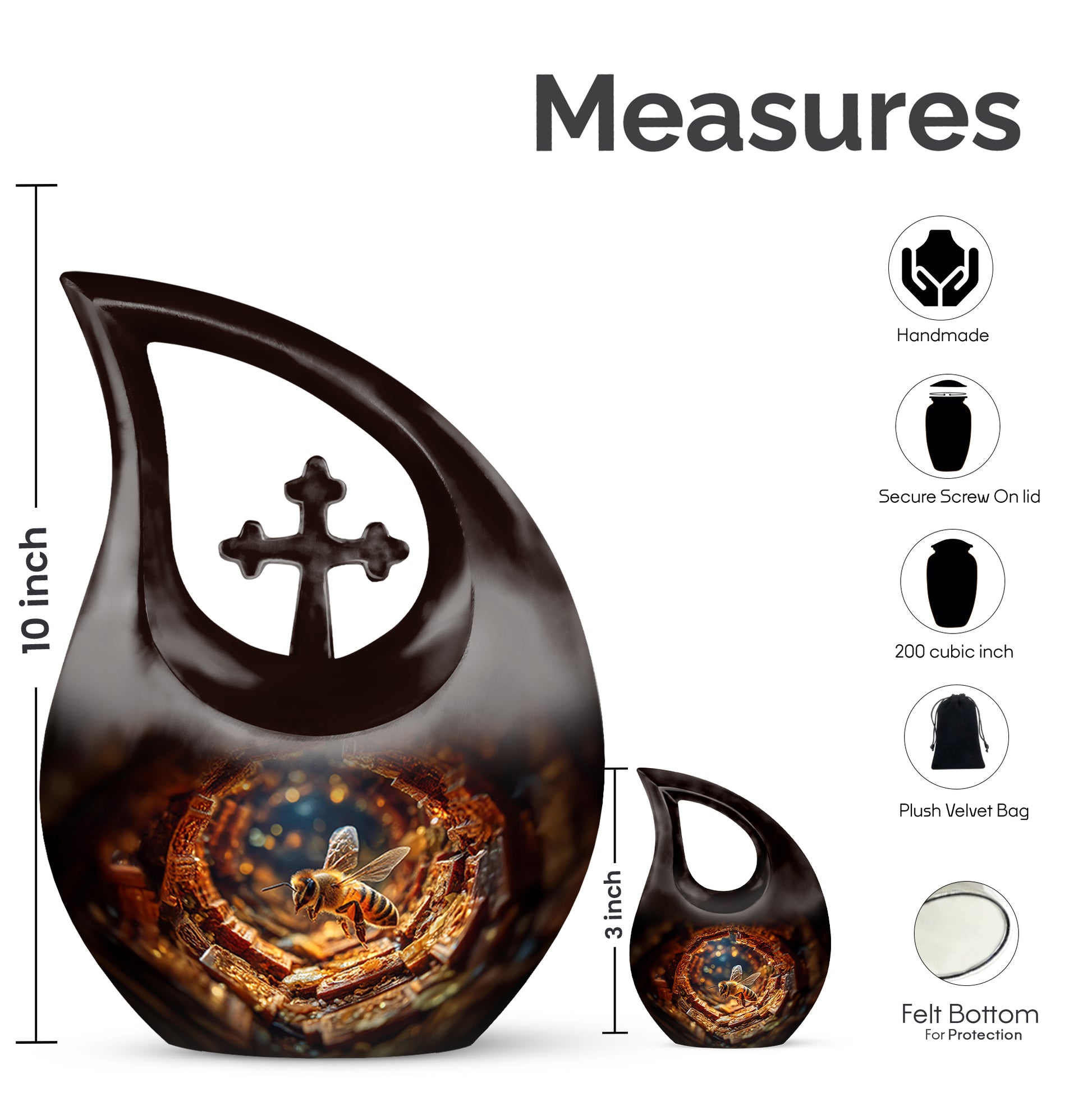 Wine Red Bee Cremation Urn back view with polished surface - sacred cross merged with bee motif on metal - mini keepsake memorial for portion of cremation ashes