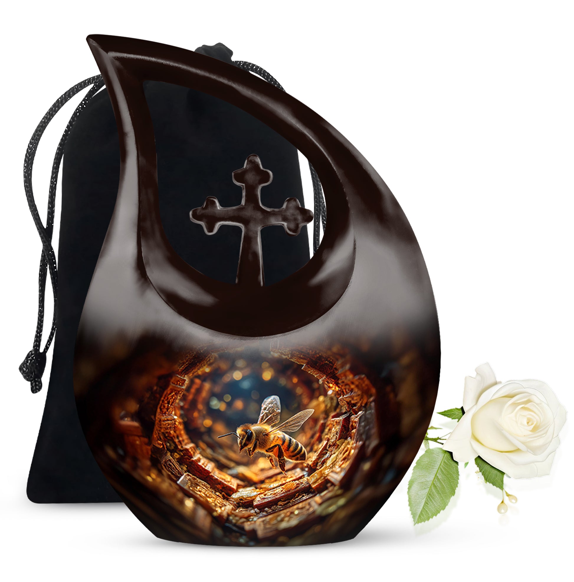 Deep Red Bee Cremation Urn top-down view of secure threaded lid - sacred cross merged with bee motif on metal - full-size 10 inch 200 cubic inch adult cremation urn