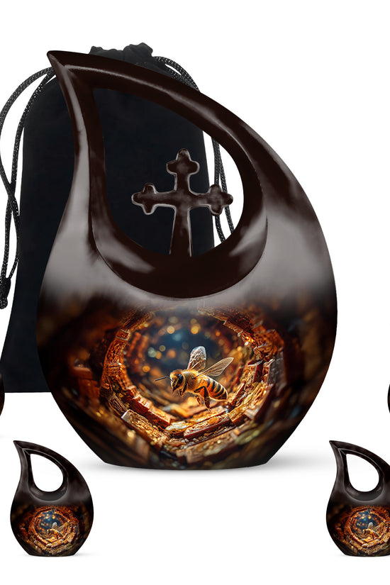 Wine Red Bee Cremation Urn urn with complimentary velvet bag - sacred cross merged with bee motif on metal - memorial set with one large and four small urns