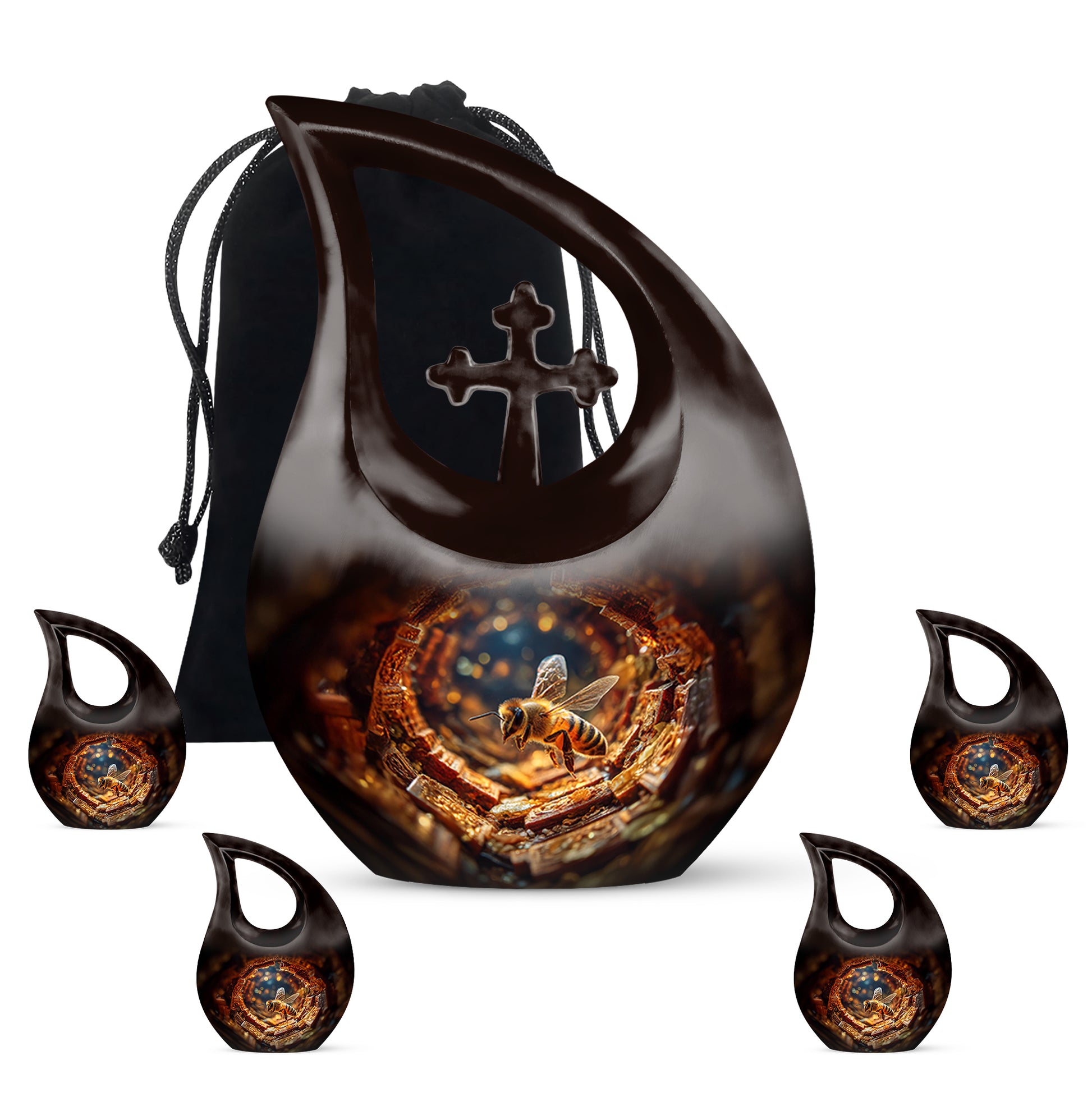 Wine Red Bee Cremation Urn urn with complimentary velvet bag - sacred cross merged with bee motif on metal - memorial set with one large and four small urns