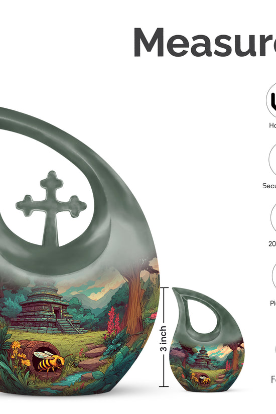 Verdant Green Bee Cremation Urn back view with polished surface - sacred cross merged with bee motif on metal - mini keepsake memorial for portion of cremation ashes