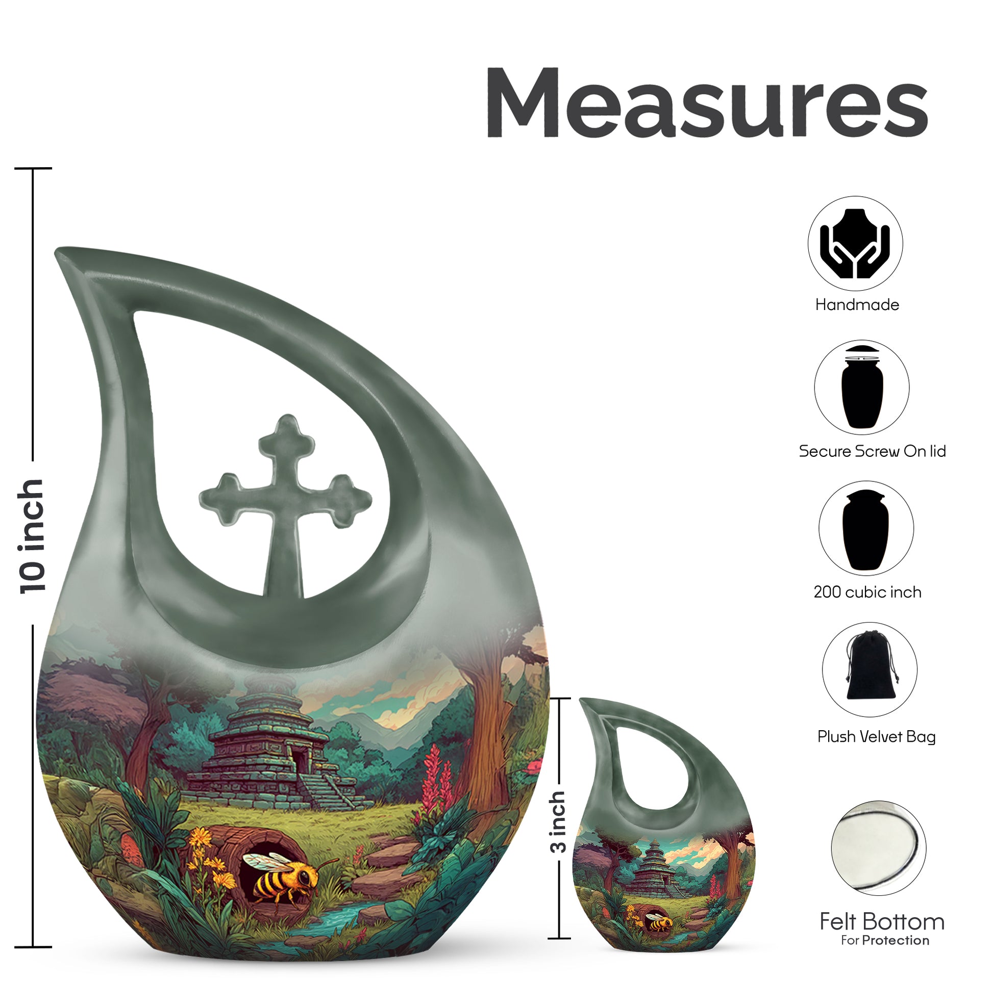 Verdant Green Bee Cremation Urn back view with polished surface - sacred cross merged with bee motif on metal - mini keepsake memorial for portion of cremation ashes