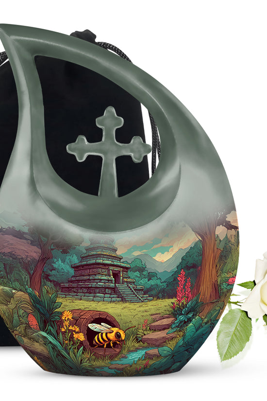 Emerald Green Bee Cremation Urn top-down view of secure threaded lid - sacred cross merged with bee motif on metal - full-size 10 inch 200 cubic inch adult cremation urn