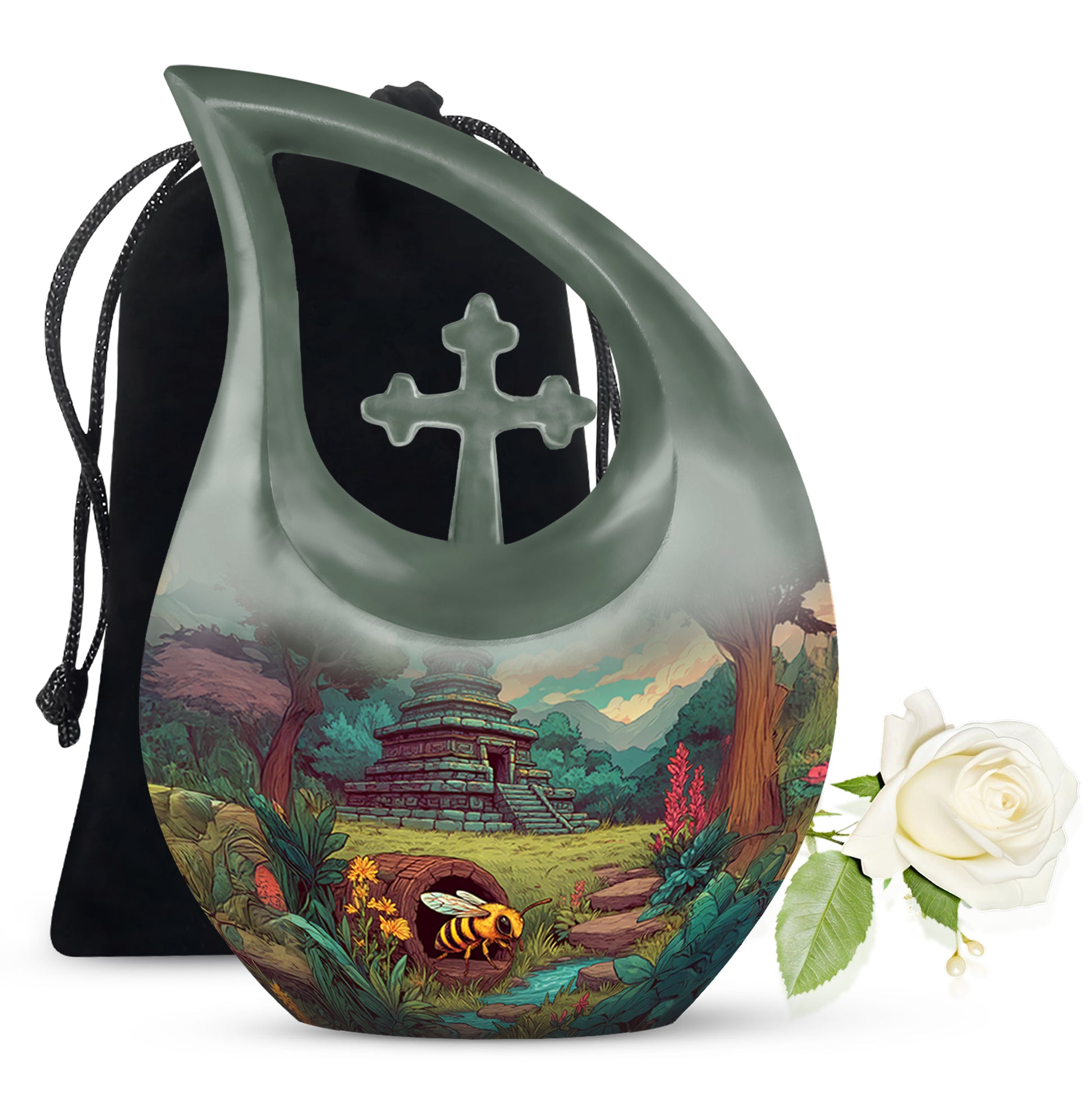 Emerald Green Bee Cremation Urn top-down view of secure threaded lid - sacred cross merged with bee motif on metal - full-size 10 inch 200 cubic inch adult cremation urn