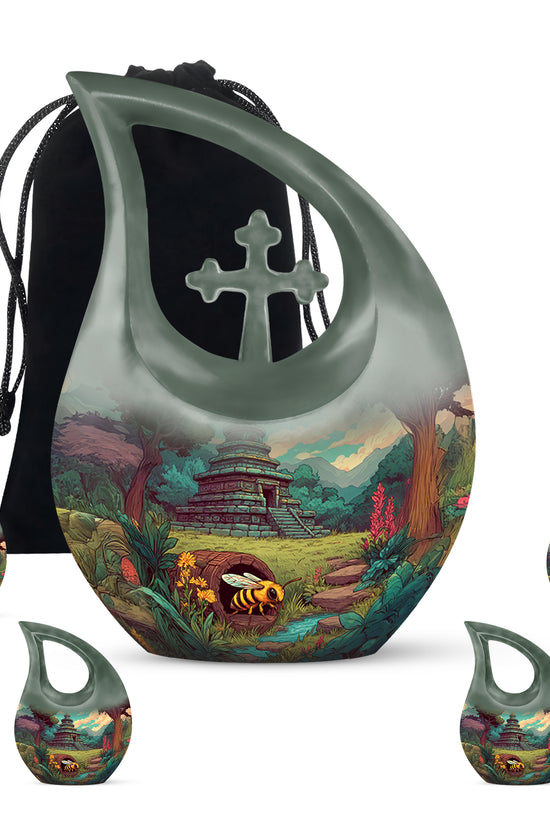 Sage Green Bee Cremation Urn urn with complimentary velvet bag - sacred cross merged with bee motif on metal - memorial set with one large and four small urns