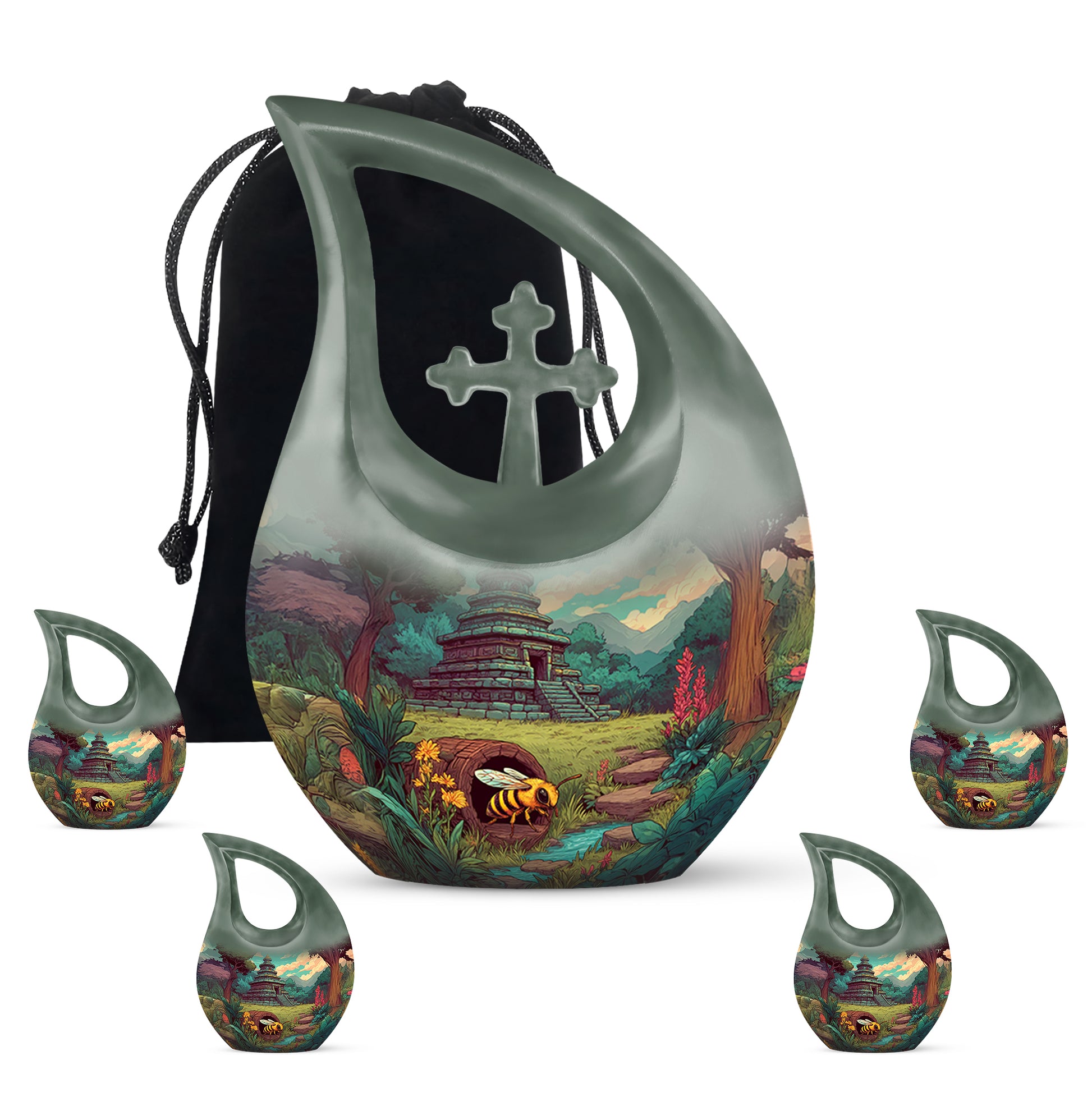 Sage Green Bee Cremation Urn urn with complimentary velvet bag - sacred cross merged with bee motif on metal - memorial set with one large and four small urns