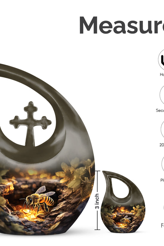 Harvest Gold Bee Cremation Urn back view with polished surface - devotional cross-drop bee engraving - mini keepsake memorial for portion of cremation ashes