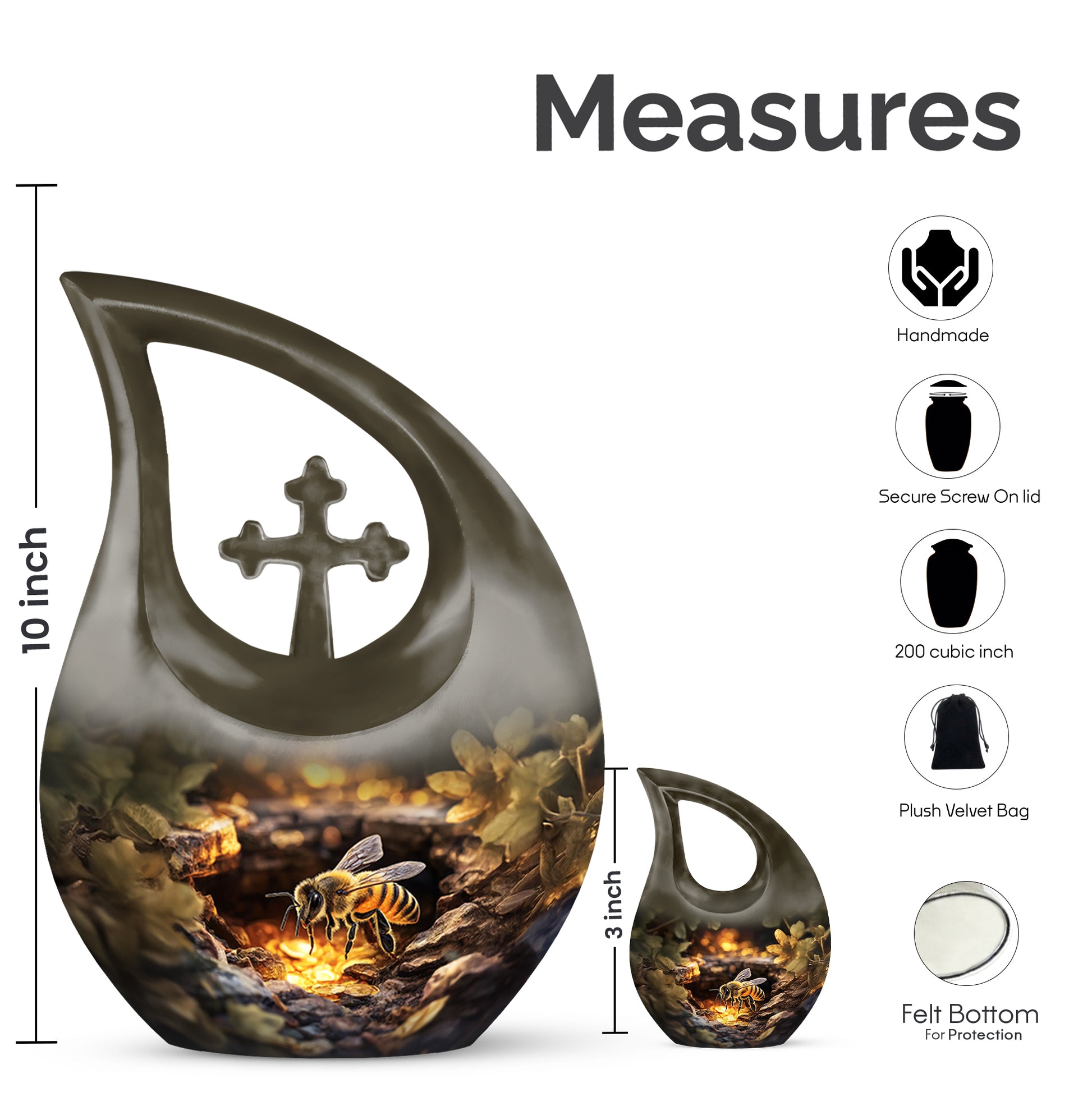 Harvest Gold Bee Cremation Urn back view with polished surface - devotional cross-drop bee engraving - mini keepsake memorial for portion of cremation ashes