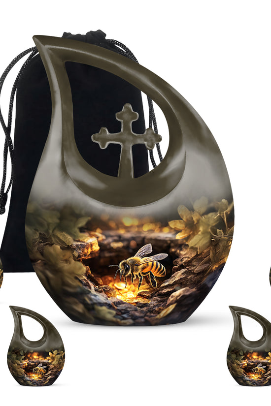 Champagne Gold Bee Cremation Urn urn with complimentary velvet bag - cross and bee combined in spiritual memorial design - memorial set with one large and four small urns