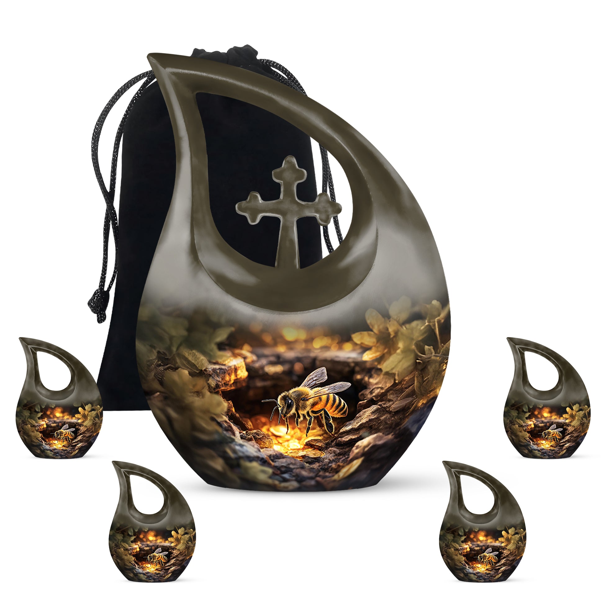 Champagne Gold Bee Cremation Urn urn with complimentary velvet bag - cross and bee combined in spiritual memorial design - memorial set with one large and four small urns