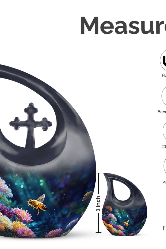 Dark Black Bee Cremation Urn back view with polished surface - faith-inspired cross-drop urn with bee pattern - mini keepsake memorial for portion of cremation ashes