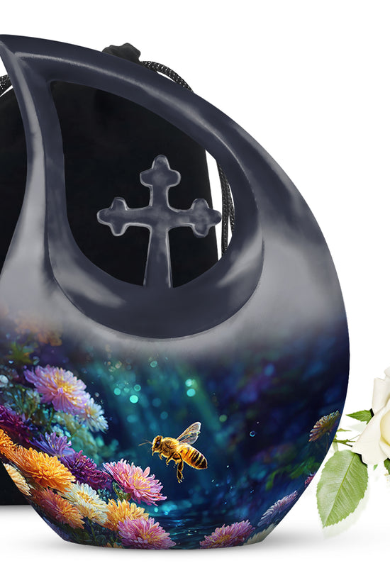 Dark Black Bee Cremation Urn top-down view of secure threaded lid - devotional cross-drop bee engraving - full-size 10 inch 200 cubic inch adult cremation urn