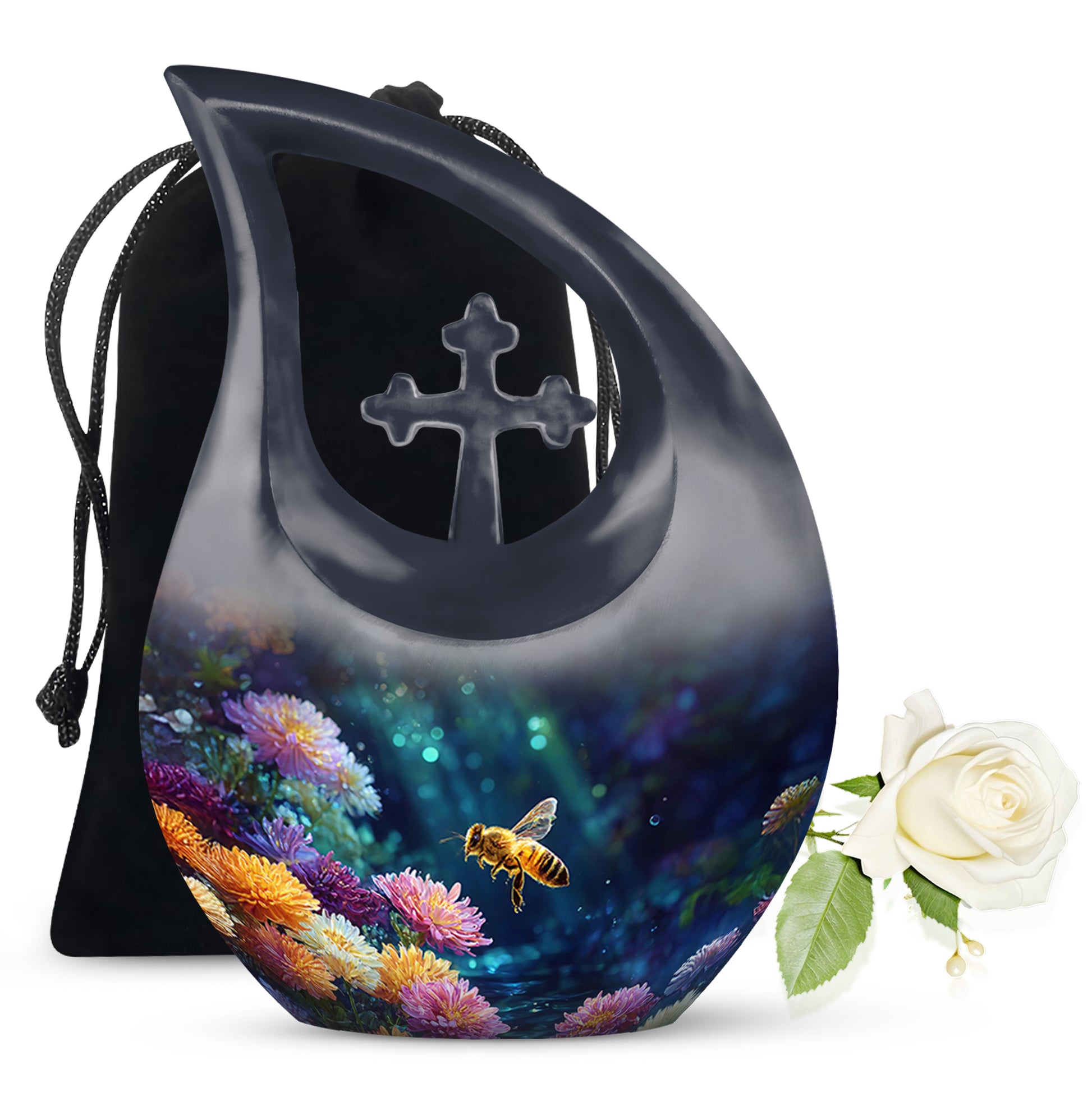 Dark Black Bee Cremation Urn top-down view of secure threaded lid - devotional cross-drop bee engraving - full-size 10 inch 200 cubic inch adult cremation urn