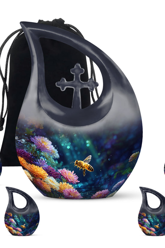 Charcoal Black Bee Cremation Urn urn with complimentary velvet bag - faith-inspired cross-drop urn with bee pattern - memorial set with one large and four small urns