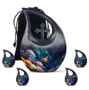 Charcoal Black Bee Cremation Urn urn with complimentary velvet bag - faith-inspired cross-drop urn with bee pattern - memorial set with one large and four small urns