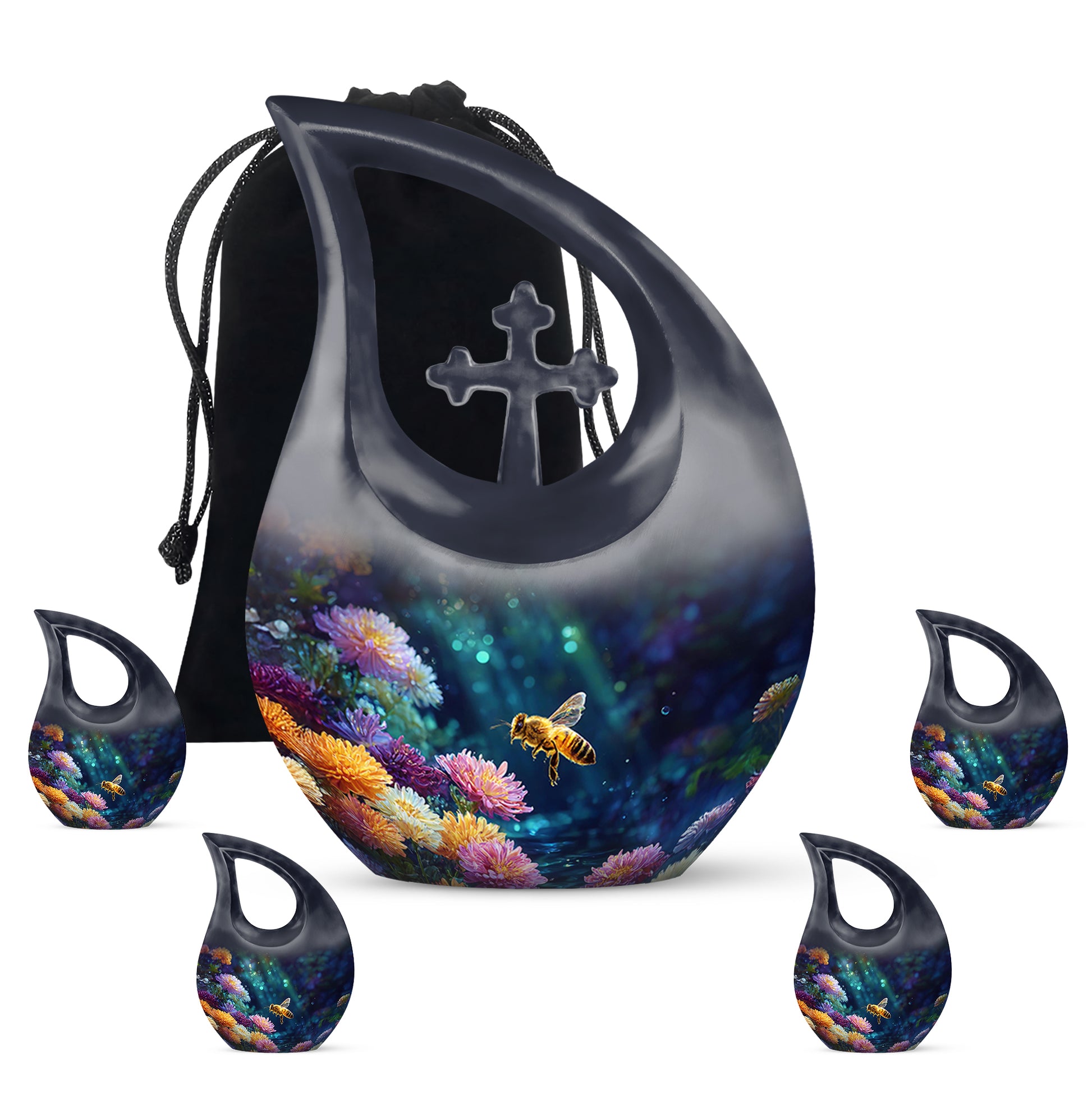 Charcoal Black Bee Cremation Urn urn with complimentary velvet bag - faith-inspired cross-drop urn with bee pattern - memorial set with one large and four small urns