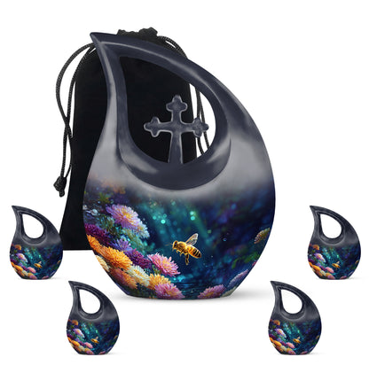 Charcoal Black Bee Cremation Urn urn with complimentary velvet bag - faith-inspired cross-drop urn with bee pattern - memorial set with one large and four small urns