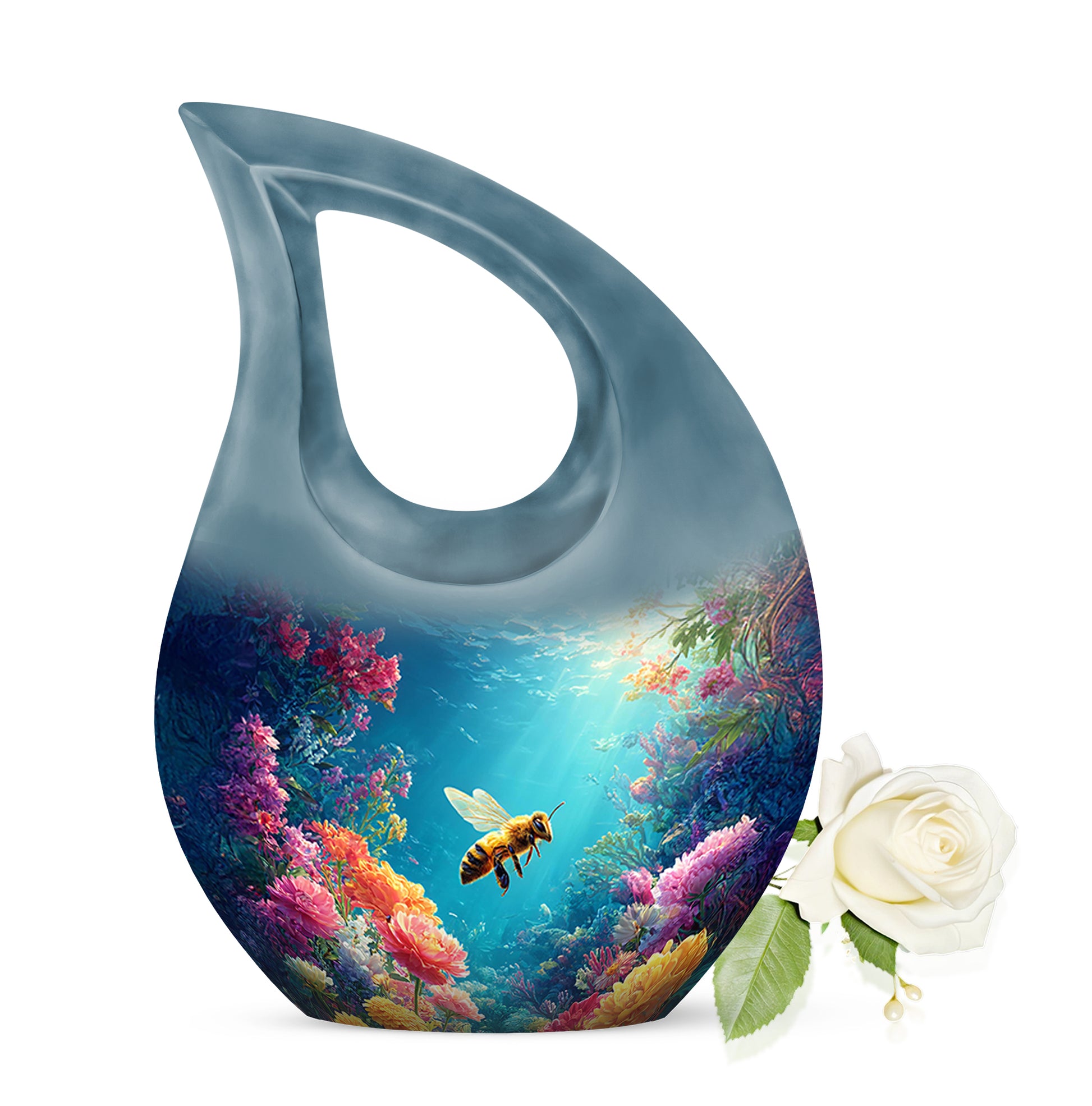 Blue Treasured Bee Cremation Urns for Human Ashes - 10-inch, 200 cu in - Karyliz