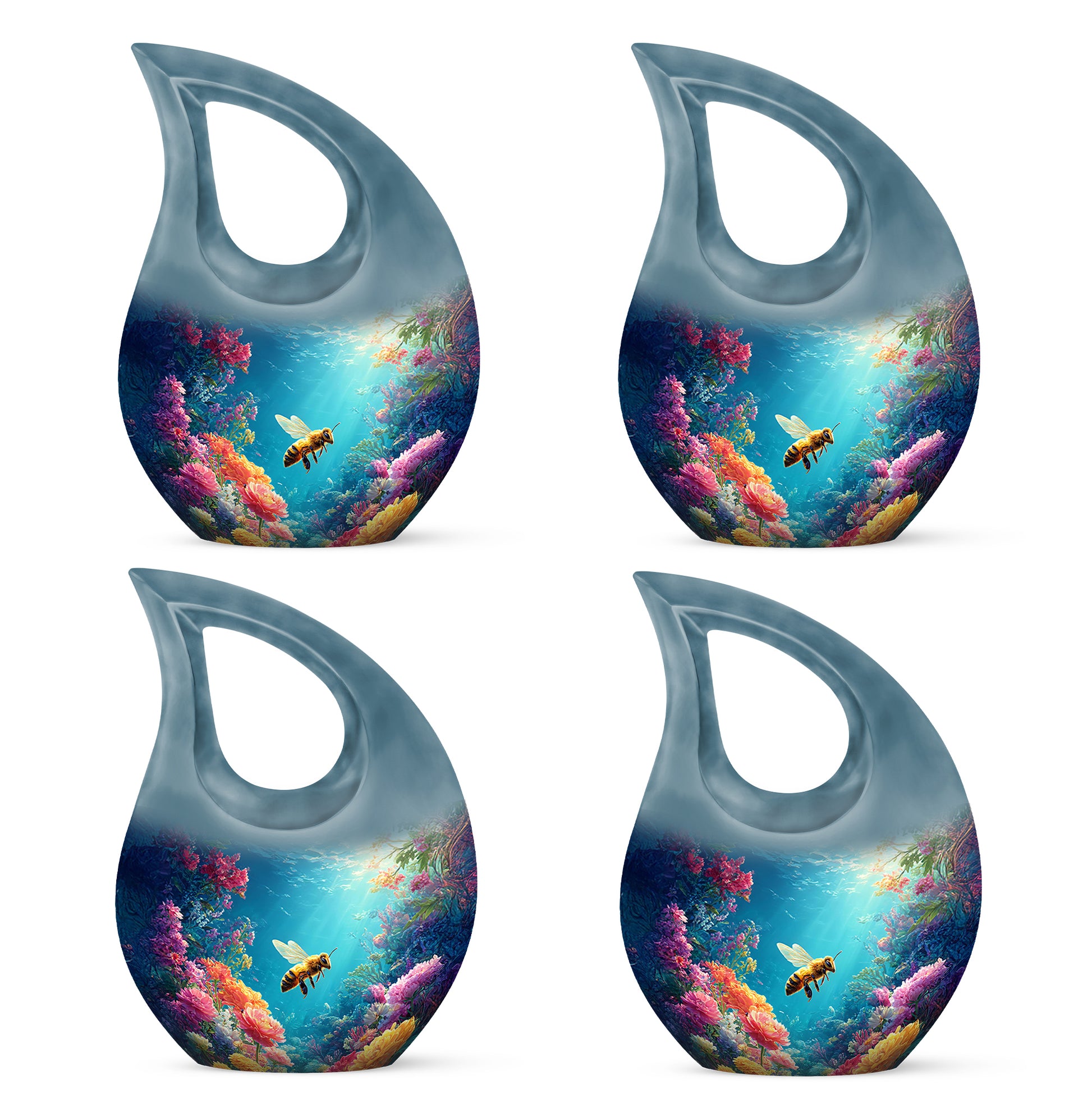Serene Blue Bee Cremation Urn lifestyle display on memorial shelf - devotional cross-drop bee engraving - 10 inch aluminum urn for cremated remains
