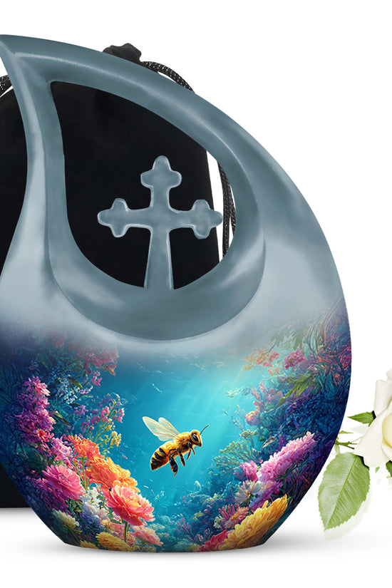 Serene Blue Bee Cremation Urn top-down view of secure threaded lid - devotional cross-drop bee engraving - full-size 10 inch 200 cubic inch adult cremation urn