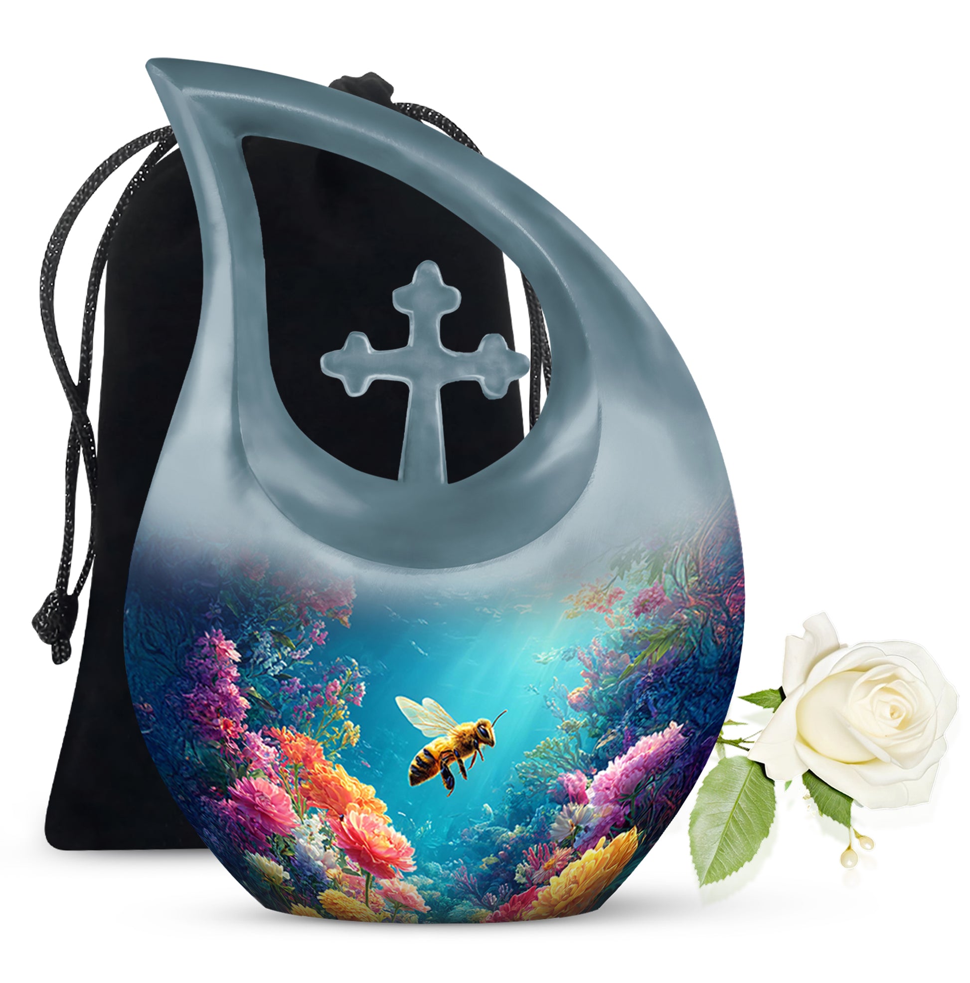 Serene Blue Bee Cremation Urn top-down view of secure threaded lid - devotional cross-drop bee engraving - full-size 10 inch 200 cubic inch adult cremation urn