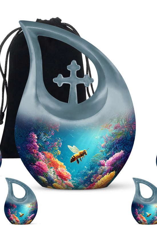 Bright Blue Bee Cremation Urn urn with complimentary velvet bag - devotional cross-drop bee engraving - memorial set with one large and four small urns