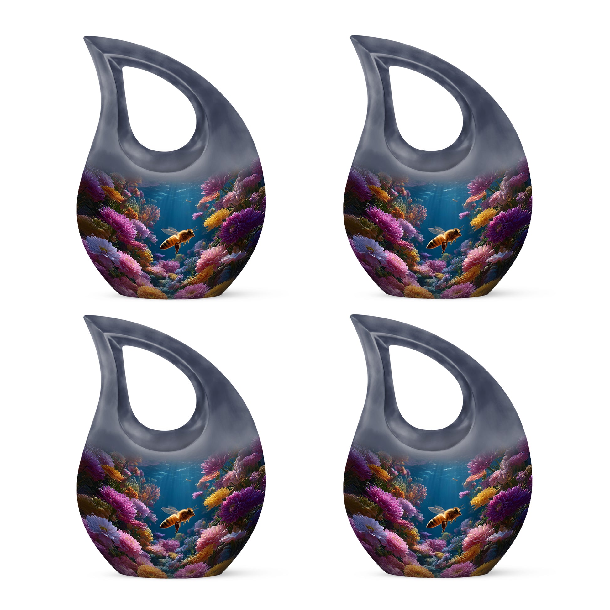 Misty Blue Bee Cremation Urn lifestyle display on memorial shelf - sacred cross merged with bee motif on metal - 10 inch aluminum urn for cremated remains