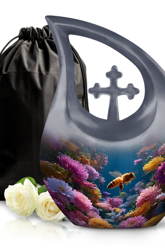 Azure Bee Cremation Urn top-down view of secure threaded lid - cross and bee combined in spiritual memorial design - full-size 10 inch 200 cubic inch adult cremation urn