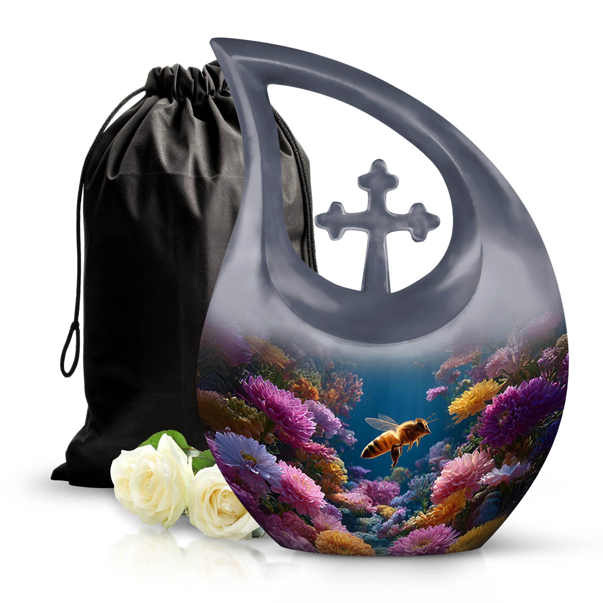 Azure Bee Cremation Urn top-down view of secure threaded lid - cross and bee combined in spiritual memorial design - full-size 10 inch 200 cubic inch adult cremation urn