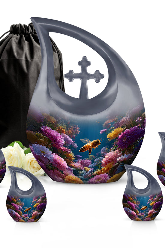 Calming Blue Bee Cremation Urn urn with complimentary velvet bag - faith-inspired cross-drop urn with bee pattern - memorial set with one large and four small urns