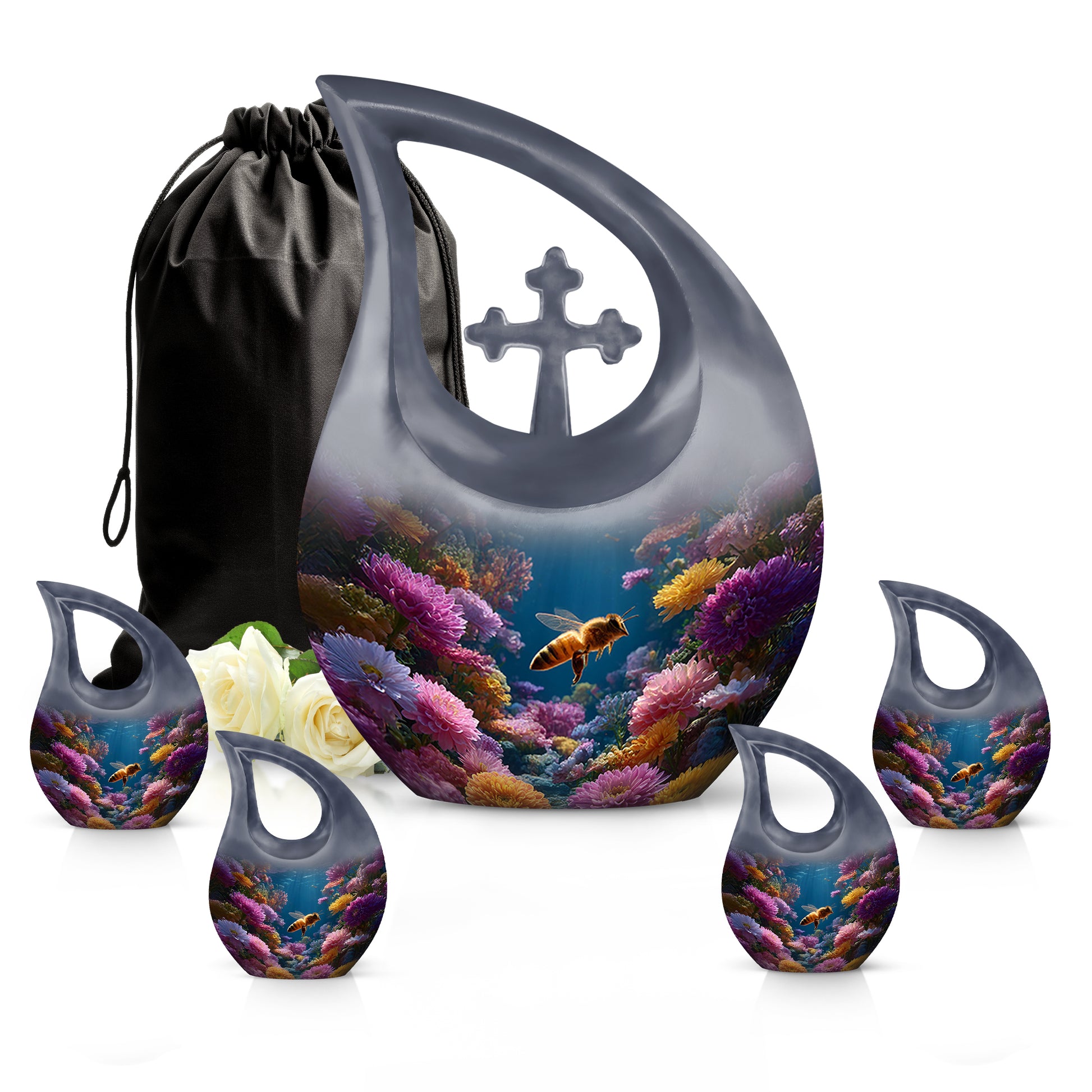Calming Blue Bee Cremation Urn urn with complimentary velvet bag - faith-inspired cross-drop urn with bee pattern - memorial set with one large and four small urns