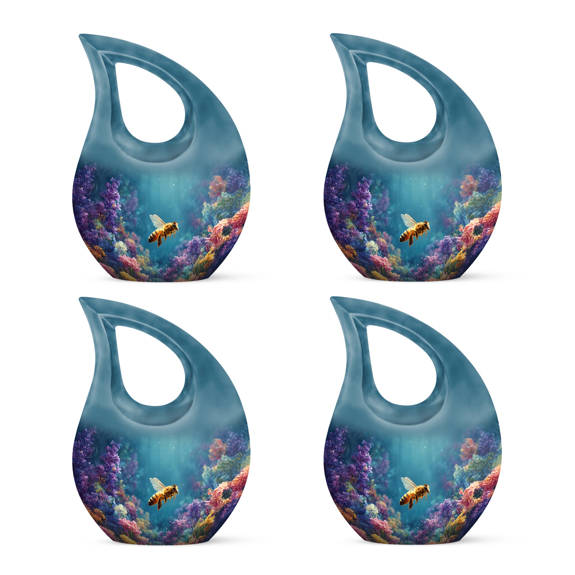 Mystic Teal Bee Cremation Urn lifestyle display on memorial shelf - devotional cross-drop bee engraving - 10 inch aluminum urn for cremated remains