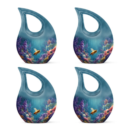 Mystic Teal Bee Cremation Urn lifestyle display on memorial shelf - devotional cross-drop bee engraving - 10 inch aluminum urn for cremated remains