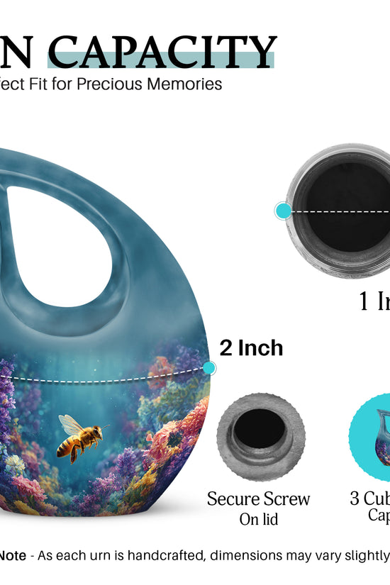 Vivid Teal Bee Cremation Urn back view with polished surface - devotional cross-drop bee engraving - mini keepsake memorial for portion of cremation ashes