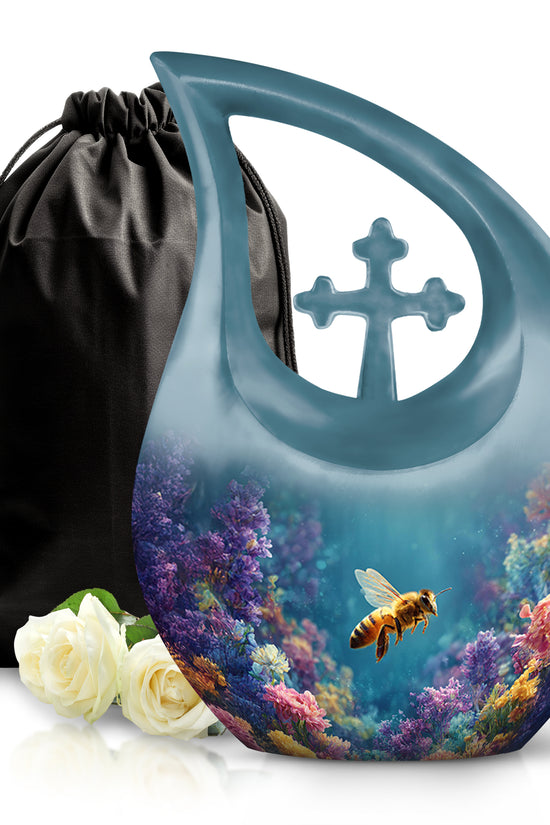 Aqua Teal Bee Cremation Urn top-down view of secure threaded lid - faith-inspired cross-drop urn with bee pattern - full-size 10 inch 200 cubic inch adult cremation urn
