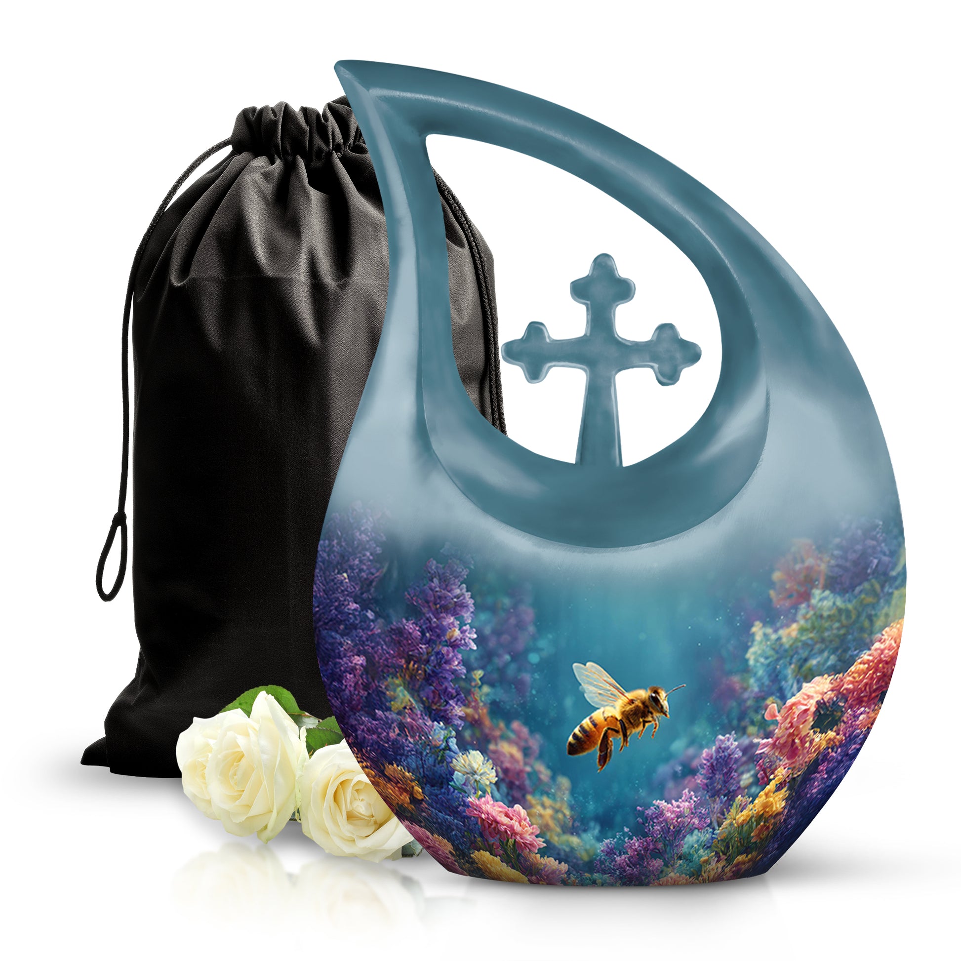 Aqua Teal Bee Cremation Urn top-down view of secure threaded lid - faith-inspired cross-drop urn with bee pattern - full-size 10 inch 200 cubic inch adult cremation urn