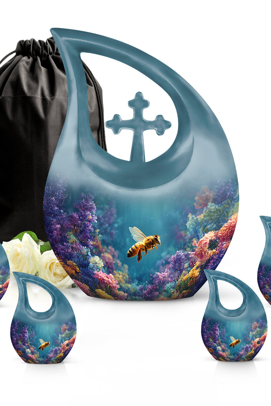 Deep Teal Bee Cremation Urn urn with complimentary velvet bag - faith-inspired cross-drop urn with bee pattern - memorial set with one large and four small urns